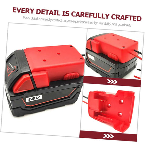 18V Battery Adapter Conversion Kit with secure connector wires, shown with a black and red plug-and-play dock for DIY projects