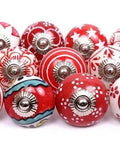 Game Changer Set Of 10 Hand Painted Red And White Ceramic Cabinet Knobs Drawer Pulls showing various designs and patterns.