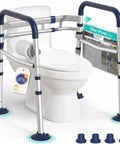 Adjustable Toilet Safety Rails For Seniors Rock Solid Bathroom Grab Bars with a folding design and non-slip handles next to a toilet.