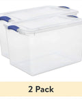Heavy Duty SixtySix Quart Clear Plastic Storage Bins Two Pack With Blue Latch Lids, stackable design for easy organizing.