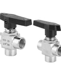 Heavy Duty 304 Stainless Steel 3 Way Ball Valve With Rock Solid Leak Proof BSPP Female Threads And Half Inch Ports, front view showing valve handles.