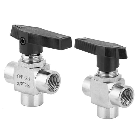 Heavy Duty 304 Stainless Steel 3 Way Ball Valve With Rock Solid Leak Proof BSPP Female Threads And Half Inch Ports, front view showing valve handles.