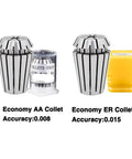 Versatile ER20 Spring Collet Chuck Tool Holder For CNC Milling Machines, Economy AA and ER collets displayed with accuracy specs.