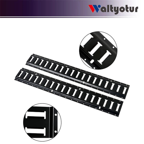 Heavy Duty Two Pack Track Tie Down Rails For Vans And Trailers Rock Solid Galvanized Steel showing two black steel rails with twelve slots each.
