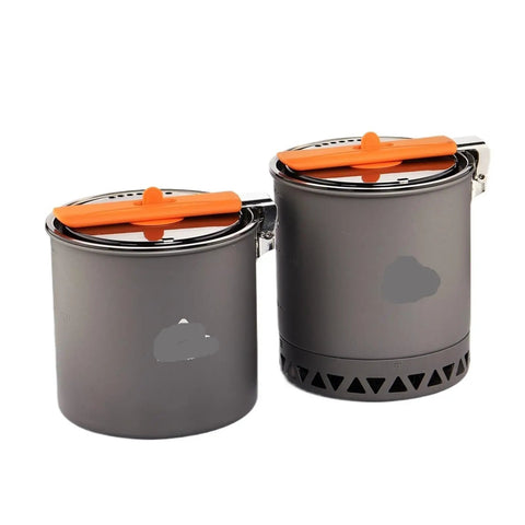 Two 1.6L camping pots with orange handles, ideal for outdoor cooking, hiking, and picnics, durable travel pot, versatile camping gear.