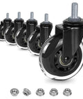 Heavy Duty Office Chair Caster Wheels 3 Inch Set Of 5 Threaded Stem 3 8 16 PU Rubber with black tires and steel cores.