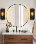 Bathroom with Set Of 2 Farmhouse Rustic Wall Sconces With Seeded Glass Lampshades In Matte Black Industrial E26 Hardwired, mirror between them.