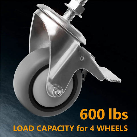 Heavy Duty 3 Inch Threaded Stem Caster Wheels Set of 4 with Brakes 600 Lbs Load showing durable rubber wheel and metal stem.