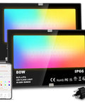 Next Level Smart Bluetooth Led Flood Light With App Control 80 Watt 800W Equivalent Game Changer Ultra Bright 8000 Lumen RGB, pair showcased.