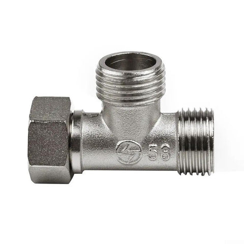 Heavy Duty Half Inch Brass T Adapter Valve Easy Peasy Bidet Sprayer And Shower Hose Splitter Diverter Fixture close-up view.
