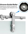 Rock Solid Four Piece Heavy Duty U Groove Pulleys Featuring Durable Pom Plastic Rails And No Sweat Drawer Glide Action With Precision Ball Bearings For Cabinet Hardware close-up of u groove roller on track, silver metal with black wheels, for sliding doors.