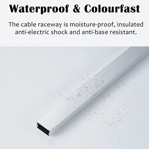 Waterproof Stainless Steel Pro Grade Floor Cable Cover Kit with droplets, 72in long, self-adhesive metal raceway for workshops.