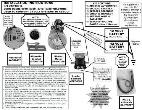 Top Shelf Tractor Alternator And Starter Conversion Kit For John Deere 3010 installation instructions with components labeled.