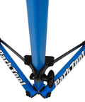 Folding Home Mechanic Repair Stand Built From All Steel Teardrop Tubing For Maximum Rigidity And Stability With Locking Support Yoke And Upgraded Internals Blue Finish One Size top view showing blue teardrop tubing and locking support yoke.