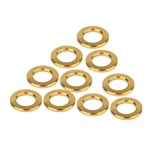 Gotta Have These Slick Gold Titanium Flat Washers M5 Size 10 Pack Heavy Duty Bicycle Hardware displayed in a neat arrangement.