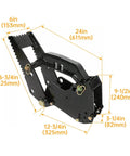 Universal Backhoe Thumb Attachment for Three and a Quarter Inch Boom Width with Heavy Duty Black Powder Coated Steel and Easy Bolt On Installation Compatible With Kubota Woods Mahindra Deere JD Tractors And More with dimensions labeled.