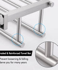 Close-up of upgraded reinforced towel bar of Rustproof Double Towel Rack With 23.3 Inch Wall Mount Shelf In SUS304 Stainless Steel Brushed Finish, Built To Last Bathroom Organizer For Towels And Accessories, Easy To Install, Humidity Resistant, A2112S60-2.