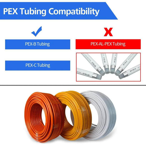 Image showing PEX tubing compatibility chart with PEX-B and PEX-C approved, PEX-AL-PEX not approved, and coiled PEX tubing in different colors.
