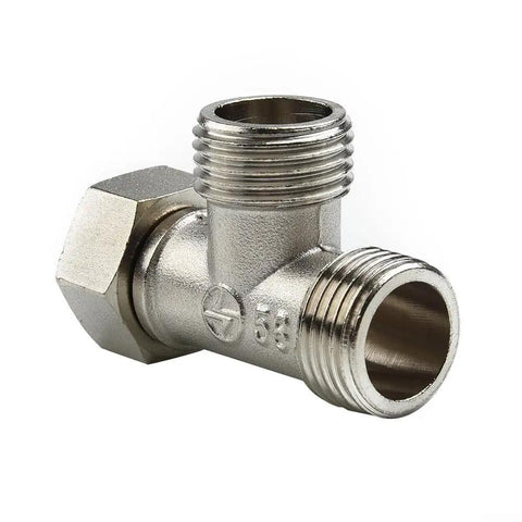 Heavy Duty Half Inch Brass T Adapter Valve Easy Peasy Bidet Sprayer And Shower Hose Splitter Diverter Fixture close-up view.