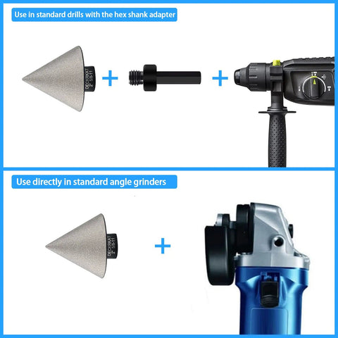 Pro Grade Two Inch Diamond Beveling Chamfer Bit For Porcelain Ceramic Granite Tiles Five Eighths Eleven Thread To Three Eighths Hex Shank Adapter Countersink Drill Bit Enlarge Trim And Shape Holes use with drills and grinders image