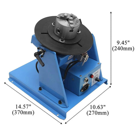 Heavy Duty Rock Solid Welding Rotary Table Positioner With Sixty Five Millimeter Chuck And Ten Kilogram Capacity Featuring One Eighty Millimeter Plate at 9.45 inches height.