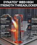 Red High Strength Threadlocker Gel seeping between bolt threads on metal assembly, highlighting anaerobic formula and corrosion protection.
