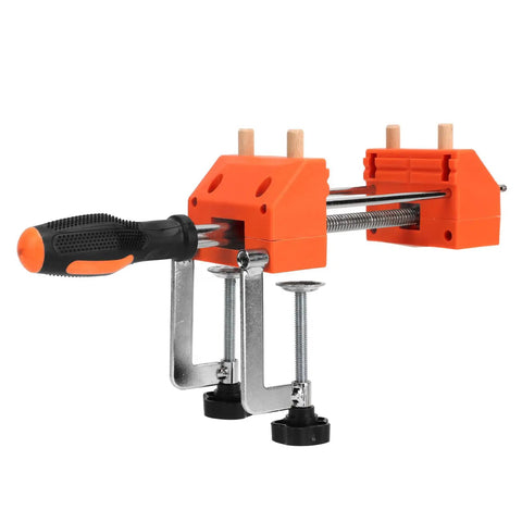 Home Table Bench Vise Clamp For Woodworking ABS And Stainless Steel Universal Clamp With Wood Pins For Bench Fixing Holding Small Pieces And Quick DIY Woodworking Tasks orange bench vise clamp with black handle