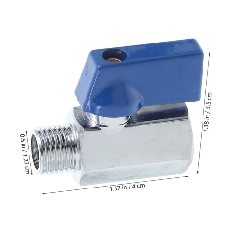 Slick Brass Mini Ball Valve With Npt One Quarter Inch Threaded Ends Designed For Tight Squeeze Spaces And Delivering Heavy Duty Plumbing Performance Without Any Drama Or Hassle, shown with blue lever.