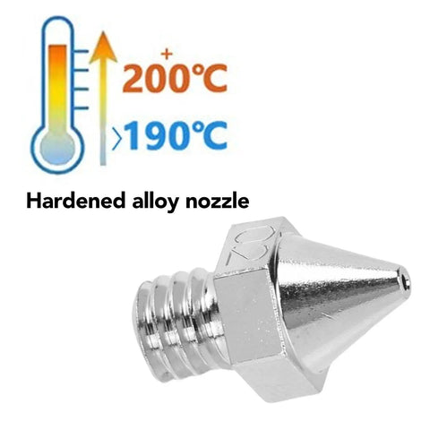 Straight Up Heavy Duty Hardened Alloy 3D Printer Nozzle 0.2mm Nickel Plated Hot End Tip Replacement shown with temperature rating.