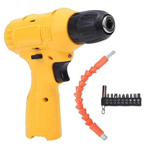 Heavy Duty Cordless Electric Drill Kit With Ergonomic Soft Touch Grip And Rapid Bit Exchange showing yellow drill with bits.