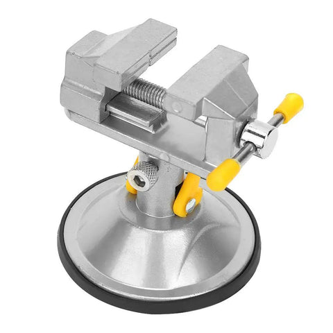 360 Degree Rotating Table Vise With Suction Cup Base For Jewelry Repair And DIY Bench Work Compact Lightweight Portable Clamp For Stable Hold And Easy Angles On Any Surface, silver metal