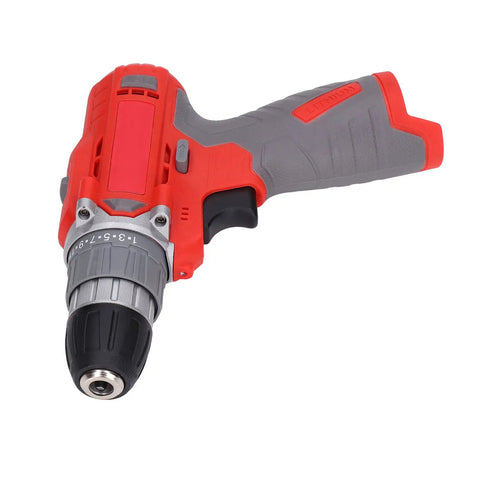 The Real Deal Cordless Drill Driver Featuring Kickin 25 Adjustable Speed Gears And 52Nm Precise Torque Control for home projects, showing the drill with a red and gray design.