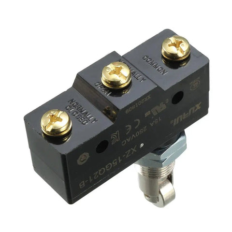 Rock Solid Spdt No Nc Roller Plunger Micro Limit Switch with Panel Mount Screw Terminals, 15A 250VAC, black plastic housing.