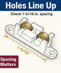 Top Tier Sliding Window Tandem Roller Assembly With 3/8 Inch Flat Brass Wheels And White Nylon Mounts For No Fuss Horizontal Slider Upgrades Two Piece Bundle with spacing measurement.