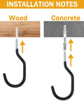 Installation instructions for Premium Heavy Gauge Steel Screw In Hooks 12 Pack on wood and concrete surfaces.