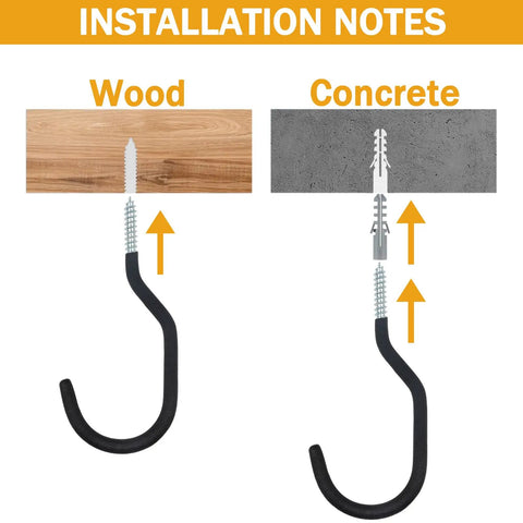 Installation instructions for Premium Heavy Gauge Steel Screw In Hooks 12 Pack on wood and concrete surfaces.
