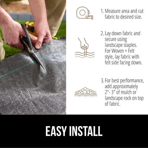 Instructions for installing Heavy Duty Tough As Nails Weed Barrier Fabric 3 Ft By 50 Ft Ground Cover For Garden Beds And Mulch.