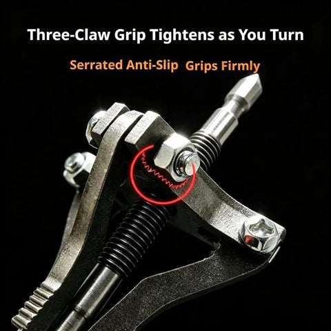 Heavy Hitter Broken Pipe Extractor Tool With Deep Bite Serrations showcasing three-claw grip design for firm tightening on pipe threading.