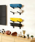 Heavy Duty Four Tier Skateboard Wall Mount Rack Adjustable Ski And Snowboard Holder, showcasing colorful skateboards mounted on wall.