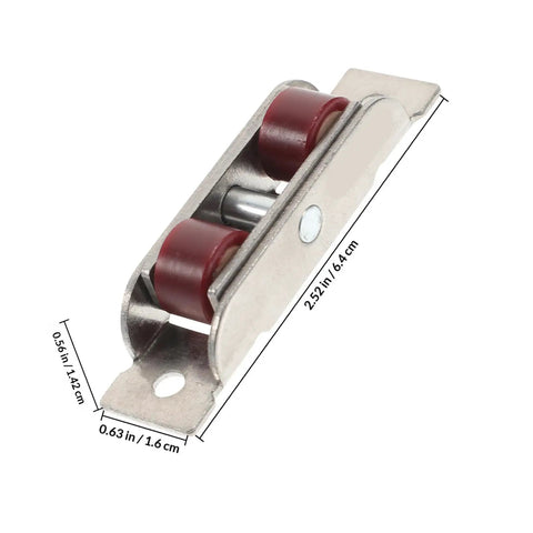 Heavy Duty Stainless Steel Double Roller Track Pulleys And Silent Glide Sash Wheels For Sliding Doors Barn Closets close-up view with dimensions shown.