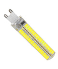 LED light bulb with transparent casing and yellow LED rows, featuring G9 bi-pin base, suitable for energy-efficient lighting applications.