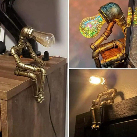 Steampunk Table Lamp With Robot Pipe Design In Bronze Industrial Desk Light For Office Bedroom And Living Room Vintage Retro Dope Loft Style Space That Adds A Cozy Industrial Glow For Any Room.