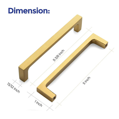 Slick Brushed Brass Cabinet Pulls 5 Inch Center To Center Solid Metal Drawer Handles with dimensions 5 and 5-3/8 inches.