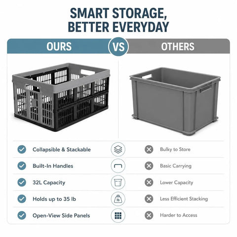 Comparison of Hella Durable Folding Storage Crate 32L With Grip Handles And Reinforced Bottom versus standard gray crate.