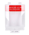 Straight Up Tough Fire Alarm Pull Station Cover with red lift instructions, clear plastic, for protecting fire alarm pulls.