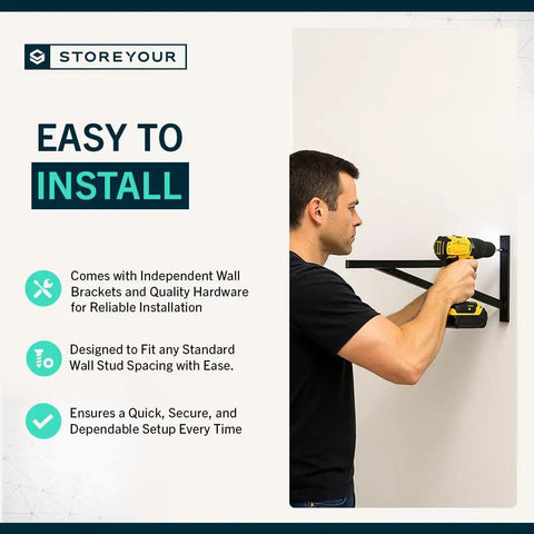 Installation of Badass Heavy Duty Black Garage Wall Shelves 1X2 Ft, showing wall brackets and secure hardware setup.