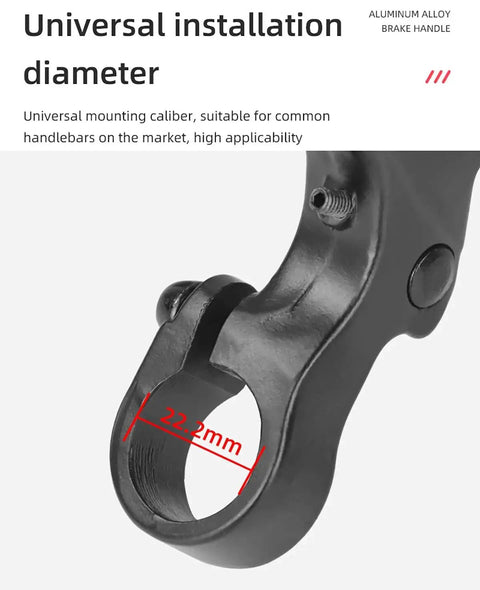 Close-up of universal aluminum bicycle brake lever fit for 2.2cm handlebars, showing lightweight ergonomic design for MTB and BMX.
