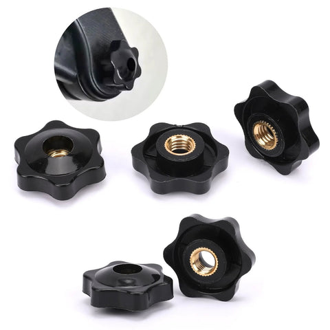 Five black six-lobed clamping knobs with brass 1/4-20 female threads for jig use