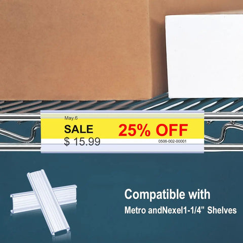 Twenty Piece Plastic Wire Shelf Label Holders Fit Like A Champ On Metro And Nexel One Quarter Inch Racks with sale tag.