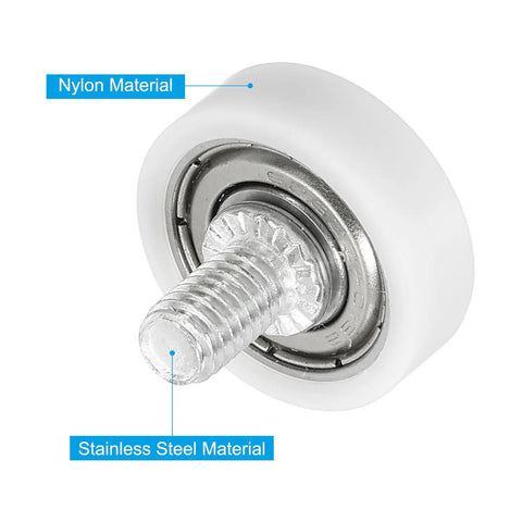 Heavy Duty Nylon Drawer Rollers With Slick Gliding Pulley Wheels M6 Thread Replacement Hardware For Cabinets And Furniture Drawers, showing stainless steel thread core.